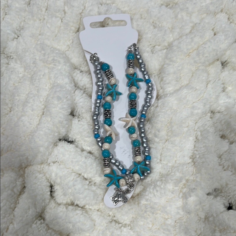 Starfish Charm Beaded Ankle Bracelet - Turtle Blue and Silver